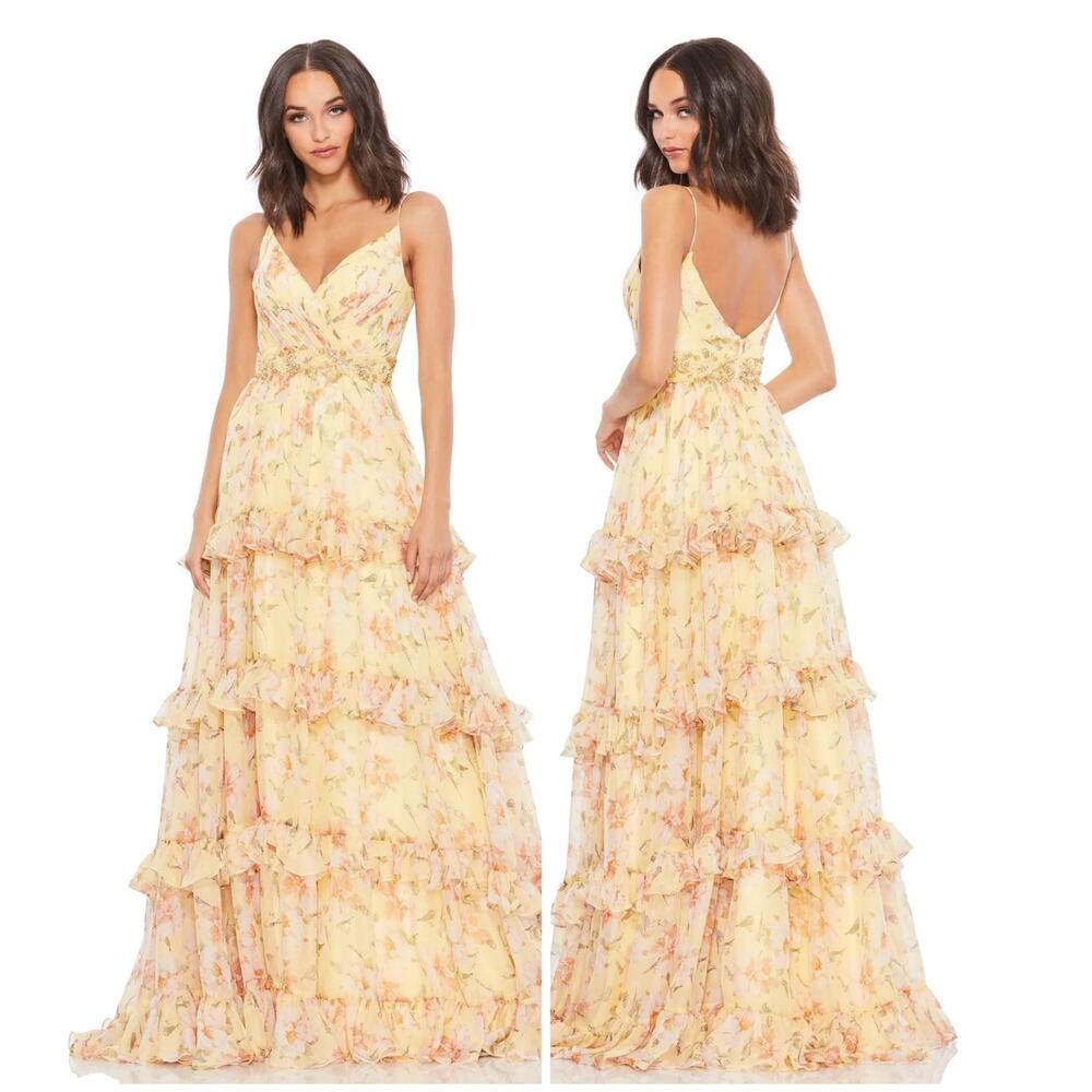 Mac Duggal NWT Embellished Floral Printed A-Line Tiered Maxi Gown Size 0 Lemon